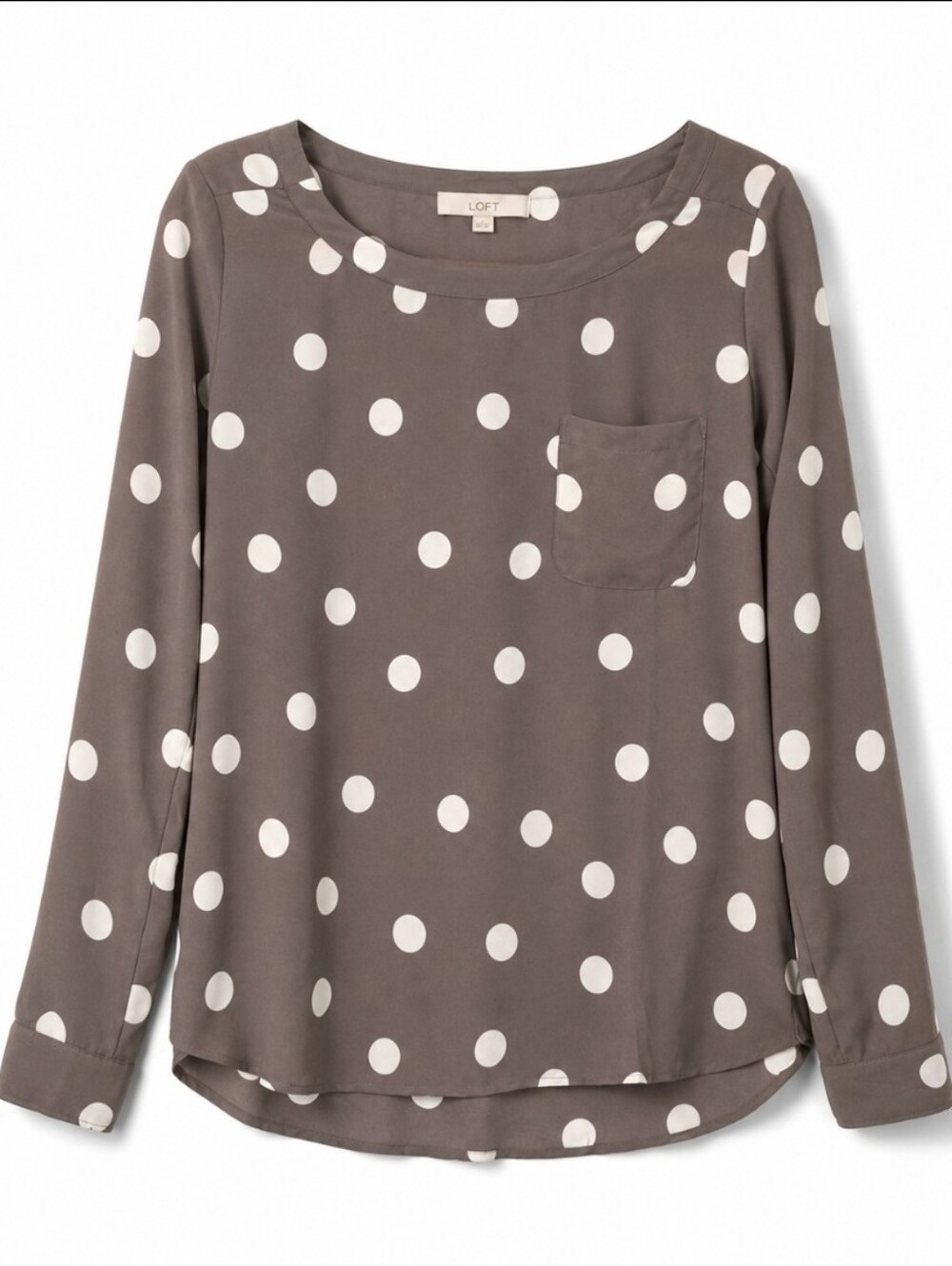 LOFT Women’s Medium Polka Dot Blouse Taupe Brown Semi Sheer Roll Tab Sleeve